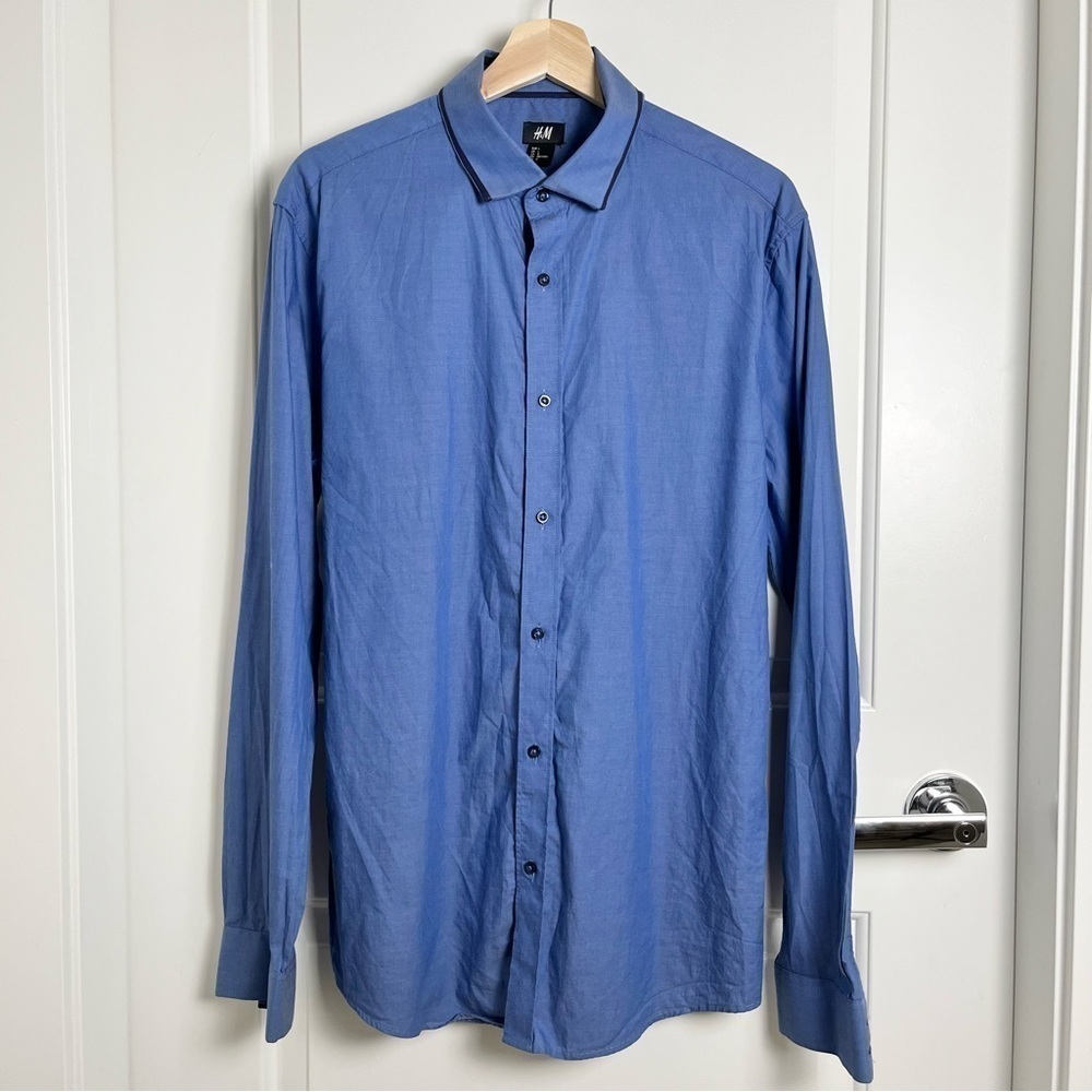 H&M Long Sleeve Button Up Collared Shirt Blue Men Size Large - Picture 4 of 11